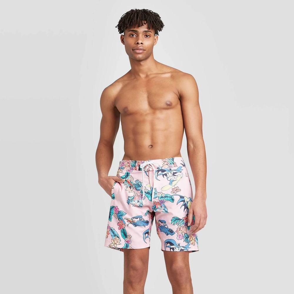 Batman Mesh Lined Swim Trunks Men's XL Pink Hawaiian Floral Bathing Shorts